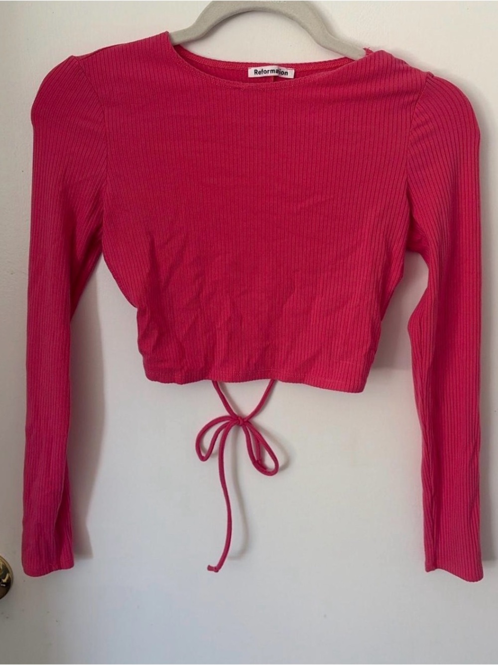 Reformation Hot Pink Ribbed Long-Sleeve Tie-Front Crop Top